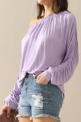 Boat Neck Shrring Long Sleeve Top