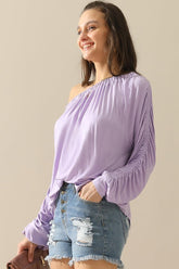 BOAT NECK SHRRING LONG SLEEVE TOP - Doublju