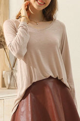 V NECK FLARE FLOUNCE LONG SLEEVE SLUB TUNIC TOP