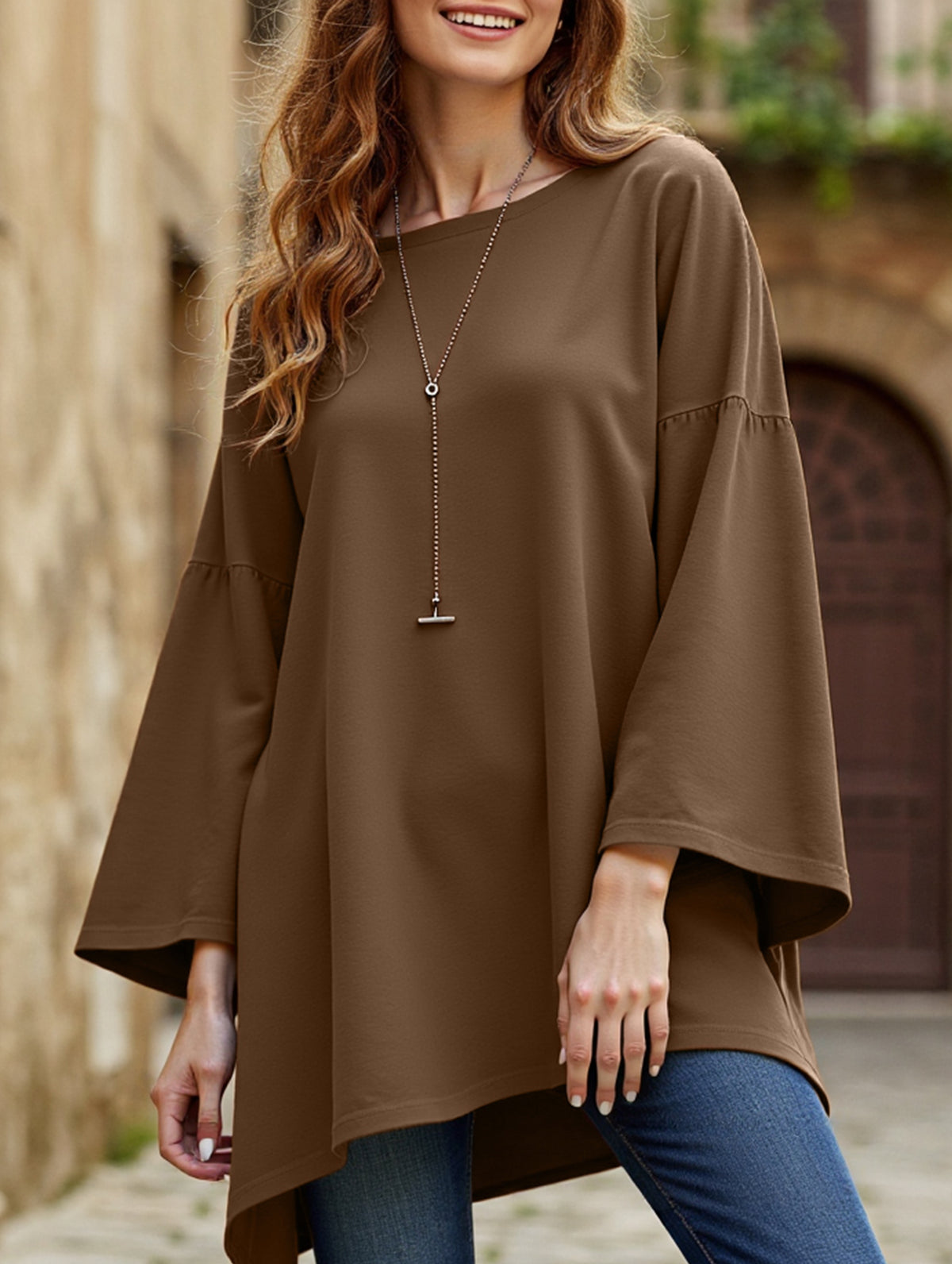 Solid color round neck slit long sleeve loose top