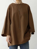Solid color round neck slit long sleeve loose top