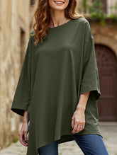 Solid color round neck slit long sleeve loose top