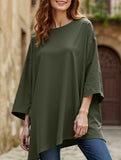 Solid color round neck slit long sleeve loose top