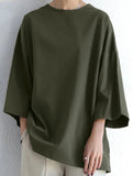 Solid color round neck slit long sleeve loose top