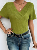 Plus Size V Neck Ribbed Short Sleeve T Shirt