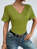 Plus Size V Neck Ribbed Short Sleeve T Shirt