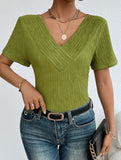 Plus Size V Neck Ribbed Short Sleeve T Shirt