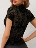 Mesh Flocked Stand Collar Short Sleeve Top