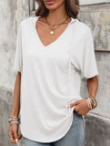 Solid V Neck Loose Short Sleeve Tee