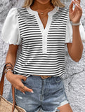 Stripe Patch V Neck Puff Sleeve Tee