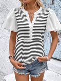 Stripe Patch V Neck Puff Sleeve Tee