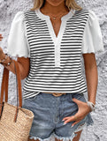 Stripe Patch V Neck Puff Sleeve Tee