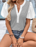 Stripe Patch V Neck Puff Sleeve Tee