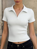 Lapel Slim Fit Crop Knit Tee