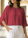 Chiffon Crewneck Half Sleeve Blouse