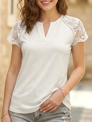 Lace Patch V Neck Short Sleeve Tee_CWTTS00899