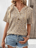 Waffle V Neck Hooded Short Sleeve Top