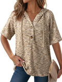 Waffle V Neck Hooded Short Sleeve Top