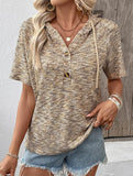 Waffle V Neck Hooded Short Sleeve Top