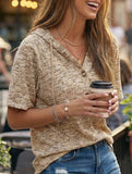 Waffle V Neck Hooded Short Sleeve Top