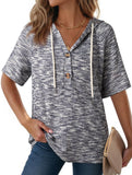 Waffle V Neck Hooded Short Sleeve Top