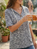 Waffle V Neck Hooded Short Sleeve Top