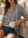 Waffle V Neck Hooded Short Sleeve Top