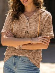 Waffle V Neck Hooded Short Sleeve Top