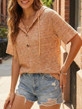 Waffle V Neck Hooded Short Sleeve Top