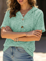 Waffle V Neck Hooded Short Sleeve Top