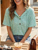 Waffle V Neck Hooded Short Sleeve Top
