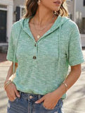 Waffle V Neck Hooded Short Sleeve Top