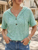 Waffle V Neck Hooded Short Sleeve Top