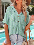 Waffle V Neck Hooded Short Sleeve Top