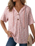 Waffle V Neck Hooded Short Sleeve Top