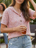 Waffle V Neck Hooded Short Sleeve Top