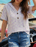 Waffle V Neck Hooded Short Sleeve Top