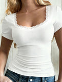 Lace Trim U Neck Slim Tee_CWTTS00909
