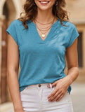 V Neck Patch Short Sleeve Tee_CWTTS00915