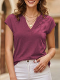 V Neck Patch Short Sleeve Tee_CWTTS00915