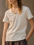 Linen Blend V Neck Knit Tee_CWTTS00927