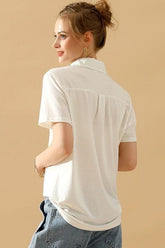 BASIC SHORT SLEEVE POCKET CALLAR TOP - Doublju