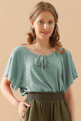 V NECK PUNCHING LACE UP RUFFLE LOOSE TOP - Doublju