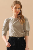 CREW NECK PUFF SLEEVE TUNIC TOP - Doublju