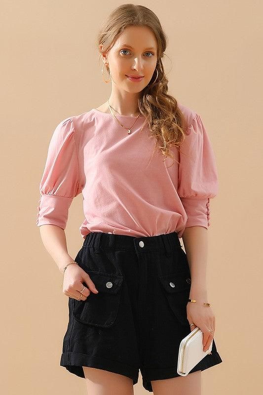 CREW NECK PUFF SLEEVE TUNIC TOP - Doublju