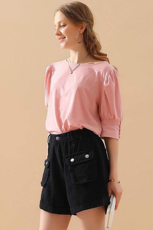 CREW NECK PUFF SLEEVE TUNIC TOP - Doublju