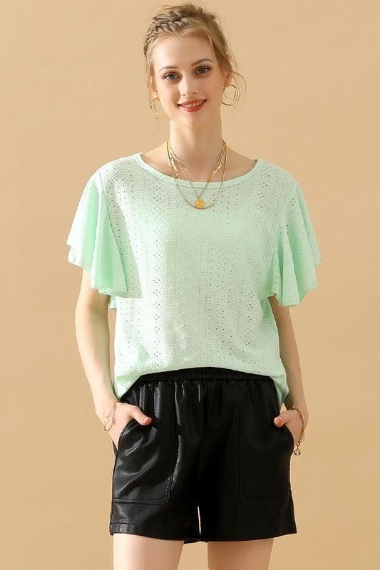 CAPE SLEEVE HOLLOW HOLE DETAILED CASUAL TOP - Doublju