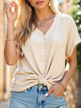 V-Neck Loose Fit Short Sleeve Button-Up T-Shirt ??Casual Women's Summer Top