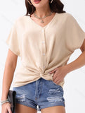 V-Neck Loose Fit Short Sleeve Button-Up T-Shirt ??Casual Women's Summer Top