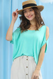 ROUND NECK OPENED SHOULDER T SHIRT TOP - Doublju